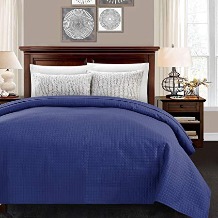 ALPHA HOME Quilted Bed Quilt Bedspread Coverlet Bed Cover Light Weight Luxury Checkered Pattern - Blue, Twin