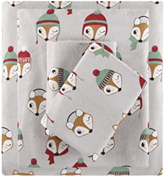 Intelligent Design Cozy Flannel 100% Cotton Ultra Soft Cold Weather Sheet Set Bedding, Queen, Grey Foxes 4 Piece
