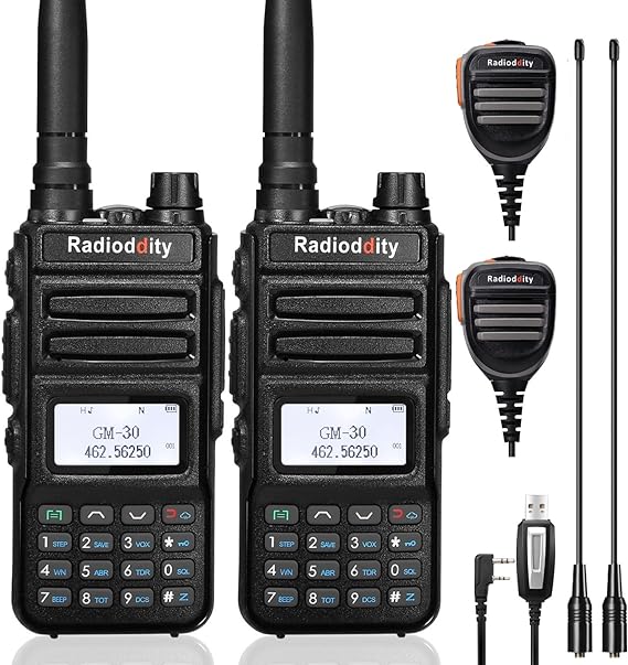 Radioddity GM-30 GMRS Radio Handheld 5W Long Range, GMRS Repeater Capable, 11 NOAA Channels, Display SYNC. Ideal for Off-Road Overlanding. Includes Programming Cable, 15.5” High Gain Antenna, 2 Pack