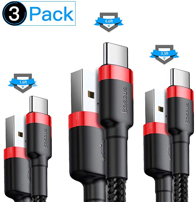 USB C Cable 3 Pack, Baseus 3-Pack (6.6ft 3.3ft 1.6ft) USB Type C Cable, USB A to USB-C Fast Charger Nylon Braided Cord for Samsung Galaxy S10 S9 Note 9 8 S8 10 Plus,LG V50 V40 G8 G7,Google Pixel