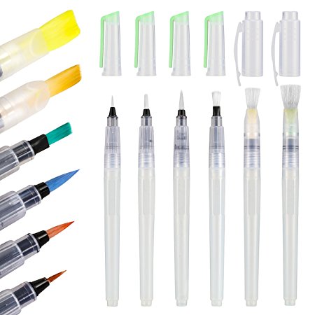 Water Brush Pens, Magicfly Set of 6 Watercolor Brush Pens with Assorted Tips, Art Brush Tips Pen for Watercolor Painting, Brush Pens, Markers, Solid Colors or Powdered Pigment