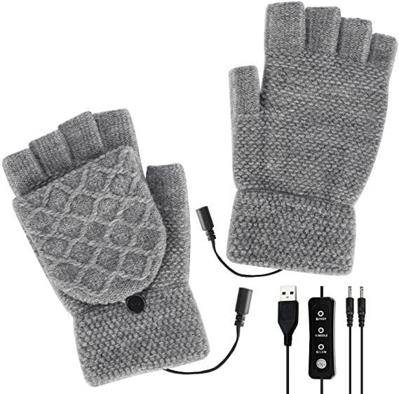 Color You USB Heated Gloves Winter Warm Heated Gloves Full & Half Heated Fingerless Gloves for Typing Knitting Wool Electric Heated Gloves Washable Heated Gloves for Women and Men (Grey)