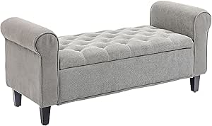 HOMCOM 50" Storage Ottoman Bench, Upholstered End of Bed Bench with Rolled Arms, Wood Legs, Button Tufted Storage Bench with Safety Hinges for Living Room, Entryway, Bedroom, Gray