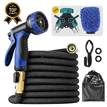 multifun 50ft Garden Hose, Upgraded Expandable & Flexible Water Hose with 10 Function Spray Nozzle, 3/4 Heavy-Duty Brass Fitting / 4 Layers Latex/ 3750D Fabric/Splitter/Wash Mitt/Storage Bag/Hook