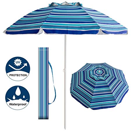 Aclumsy 7' Portable Beach Umbrella with Tilt and Silver Coating Inside, Integrated Sand Anchor and Air Vent Parasol Sun Shelter, Carry Bag Included (Blue/White Stripe)