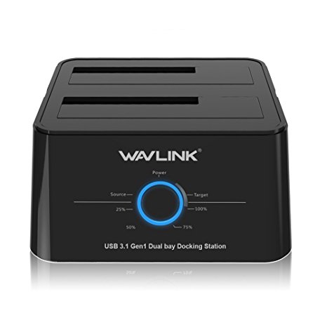Wavlink USB C 3.1 to SATA Dual Bay External Hard Drive Docking Station for 2.5/3.5in SATA SSD HDD (SATA I/ II/ III), Support Duplicator/Cloner/UASP Functions [8TBx2 ]-Black