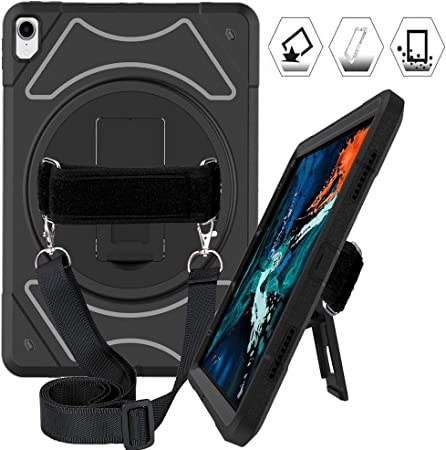 iPad Pro 11 Case, Heavy Duty Shockproof iPad Pro 11 Inch Case with 360 Degree Rotating Stand, Shoulder Strap and Hand Strap, Rugged iPad Pro 11 Case 2018, 11 Inch iPad Pro Case for Kids, Black