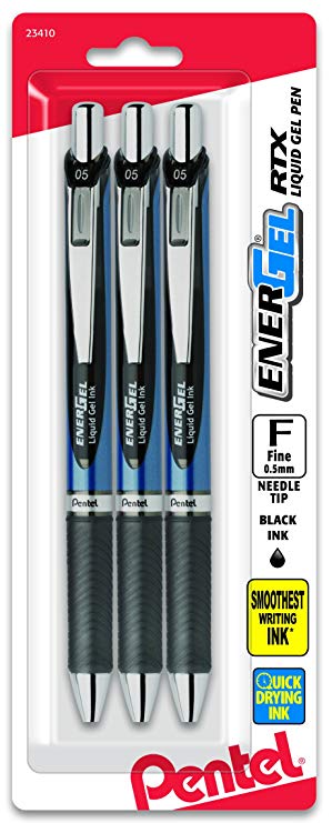 Pentel EnerGel Deluxe RTX Retractable Liquid Gel Pen, 0.5mm, Needle Tip, Black Ink, 3 Pen per Pack (BLN75BP3A)