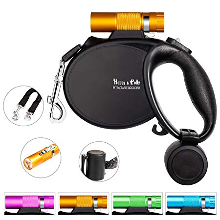 Happy & Polly 4 in 1 Dog Leash Retractable Dog Leash 16.4 ft Dog Walking Leash with Flashlight Detachable/Protective Bungee Leash/Magic Box Dispenser Poop Bags for Small Medium Dogs