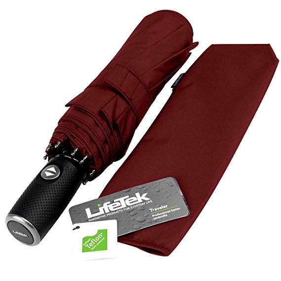 LifeTek Automatic Travel Umbrella Teflon 210T Canopy 9 Rib Wind Resistant Frame