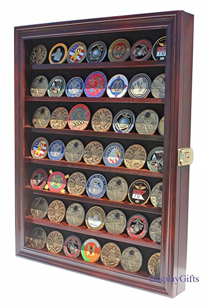 56 Military Challenge Coin Display Case Cabinet Rack Holder, with door - Mahogany Finish (COIN56-MA)