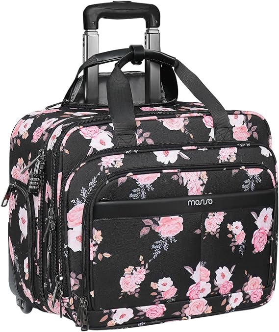 MOSISO Rolling Laptop Bag for Women,Rolling Briefcase for 15.6 inch with Coded Lock,Overnight Peony Rolling Computer Bag on 2 Wheels & 2 Front Decorative Pockets & Belt for Work Travel Business, Black