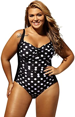 LittleLittleSky Womens Sexy Black Grey Color Block Ruched Plus Size Swimwear One Piece Swimsuits ((US 18-20) XXL, Black White)
