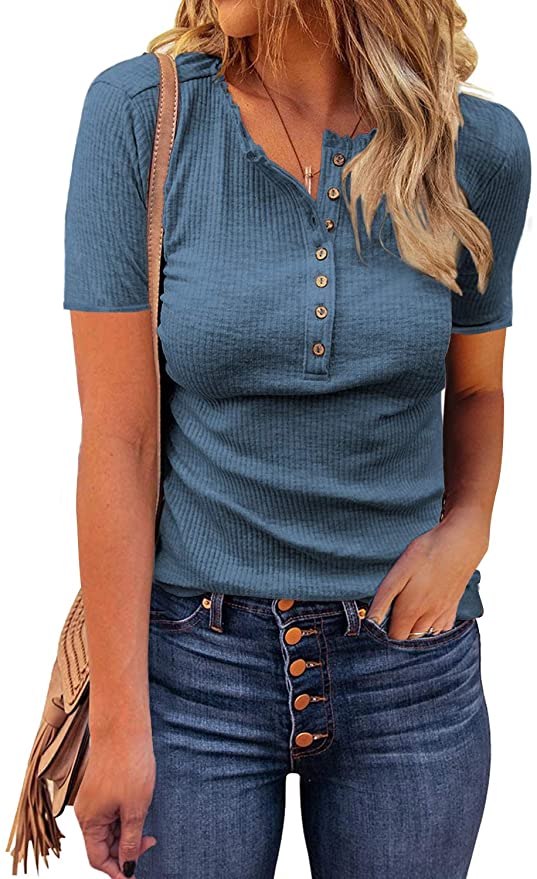 LOLONG Womens V Neck T-Shirt Long Sleeve Lace Buttons Blouse Ribbed Henley Shirts Tops