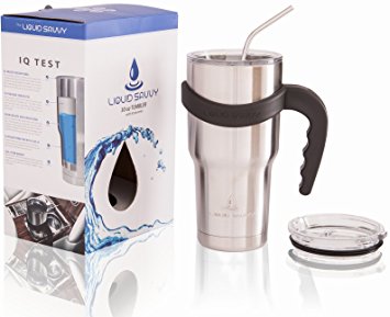 Liquid Savvy 30 oz Stainless Steel Travel Tumbler Bundle - Includes Tumbler, Regular and Closable Lid, Straw, & Handle - Double Wall Vacuum Insulated Mug / Cup for Hot or Cold Drinks - Stainless Steel