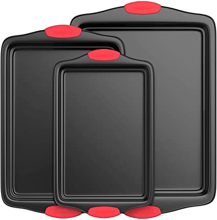 Nutrichef Kitchen Oven Baking Pans-Deluxe Nonstick Gray Coating Inside & Outside Carbon Steel Bakeware Set with Red Silicone Handles (3-Pieces)