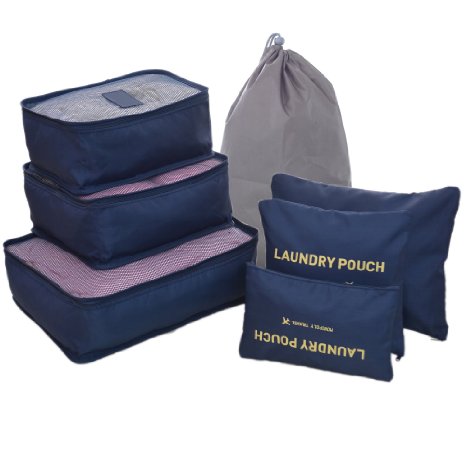 7 Sets Travel Organisers Packing Cubes Laundry Bag Luggage Compression Pouches (7 Sets, Darkblue)