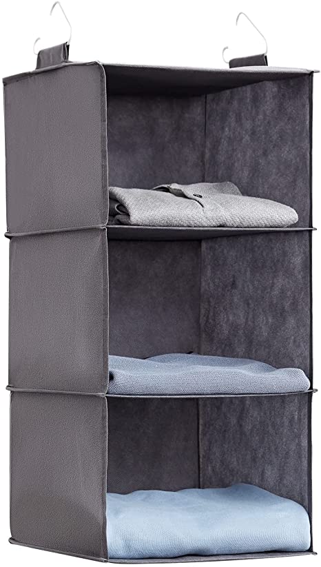 Lifewit 3-Shelf Hanging Closet Organizer with 2 Sturdy Hooks, Closet Hanging Storage Shelves Foldable Hanging Shelf Organizer, Grey