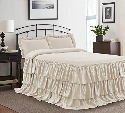 HIG 3 Piece Ruffle Skirt Bedspread Set Queen-Ivory Color 30 inches Drop Ruffled Style Bed Skirt Coverlets Bedspreads Dust Ruffles- Echo Bedding Collections Queen Size-1 Bedspread, 2 Standard Shams