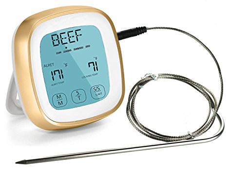 Digital Kitchen Cooking Food Meat Thermometer for BBQ Grill Oven Smoker Built-in Clock Timer with Stainless Steel Probe