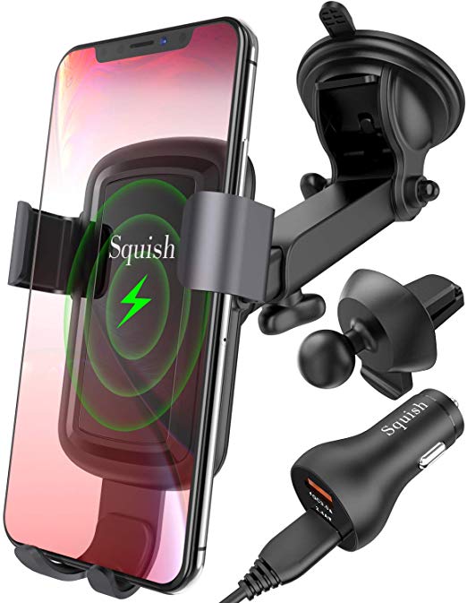 Squish Wireless Car Charger, Fast Charging Wireless Car Mount with Quick Charging 3.0 Car Charger, Air Vent Holder Included, Car Phone Mount for iPhone Xs MAX/XR/XS/X/8/8 Plus Samsung Galaxy S10/S9/S8