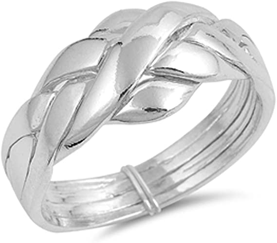 Double Accent Sterling Silver 4 pcs Band Puzzle Ring 11mm (Size 5 to 15)