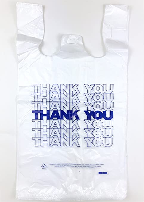 Large Plastic Grocery Reusable T-shirts Carry-out Bag 12 X 6 X 21 (100, Thank you BLUE)