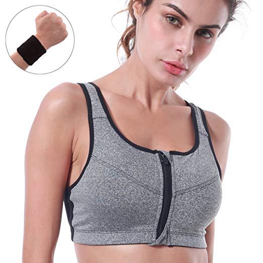 Niidor Sports Bra Front Zipper Workout Bras with 1 Wrist Band for High Impact Sports