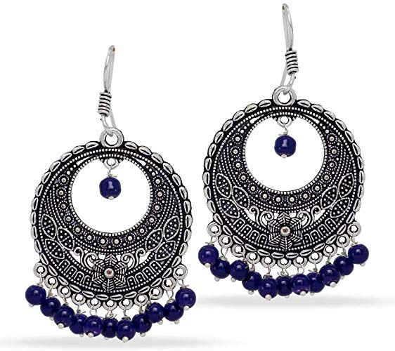 Jaipur Mart Silver Tone Oxidised Bead Hoop Earrings For Women And Girls