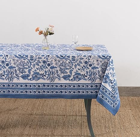 Labhanshi Indian Block Print Table Cloth|Jaipur Rectangle Floral Cotton Table Cover 60x90 Inch 6-Seater Thanksgiving Kitchen Dining Tablecloth|Patio Table Cover for Event Wedding Banquet Parties|Blue