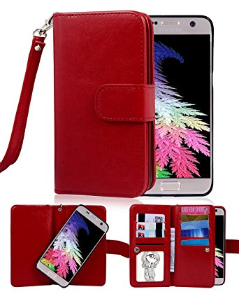 Galaxy S7 Wallet Case, Crosspace Samsung S7 Flip Wallet Cases Premium PU Leather 2-in-1 Protective Magnetic Shell with Credit Card Holder/Slots and Wrist Lanyard for Samsung Galaxy S7-Red