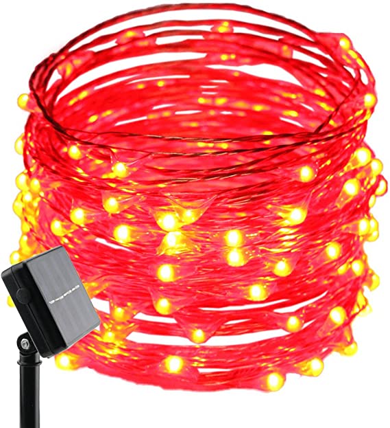 ErChen Solar Powered Copper Wire Led String Lights, 33FT 100 LEDs Waterproof 8 Modes Decorative Fairy Lights for Outdoor Christmas Garden Patio Yard (Red)