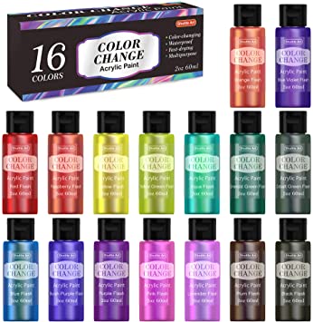 Color Change Acrylic Paint Set, Shuttle Art 16 Colors Chameleon Colors Acrylic Paint in Bottles (60ml/2oz), Non-Toxic for Artists, Beginners and Kids on Rocks, Crafts, Canvas, Wood, Fabric, Ceramic