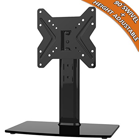 Universal Swivel TV Stand/ Base Table Top TV Stand for 19 to 42 inch TVs with 90 Degree Swivel, 4 Level Height Adjustable, Heavy Duty Tempered Glass Base, Holds up to 99lbs, HT02B-001