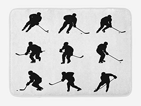 Ambesonne Hockey Bath Mat, Pattern with Player Silhouettes in Black and White Different Positions with Sticks, Plush Bathroom Decor Mat with Non Slip Backing, 29.5 W X 17.5 L Inches, Black White