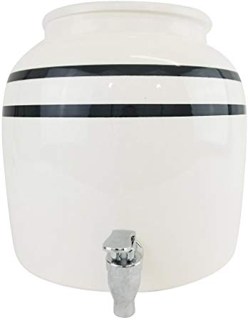 Premium Porcelain Water Crock Dispenser - Elegant Countertop Dispenser With 2.5 Gallon Capacity & No Drip Faucet - Double Black Line Stripe Crock - Perfect For Kombucha Brewing and Dispensing