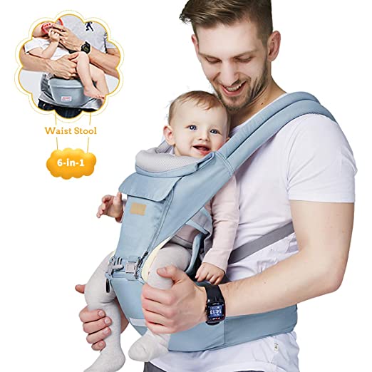 Baby - Carrier, 6-in-1 Baby Carrier with Waist Stool-, FRUITEAM Baby Carrier with Hip Seat for Breastfeeding, One Size Fits All - Adapt to Newborn, Infant & Toddler (Blue)