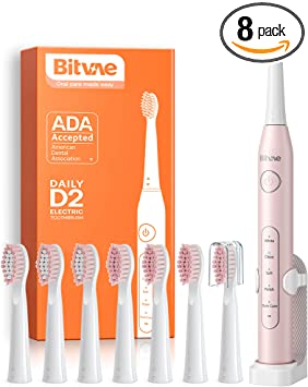 Bitvae D2 Ultrasonic Electric Toothbrush with 8 Brush Heads, Sonic Toothbrush for Adults and Kids with a Holder, 5 Modes, Smart Timer, Pink