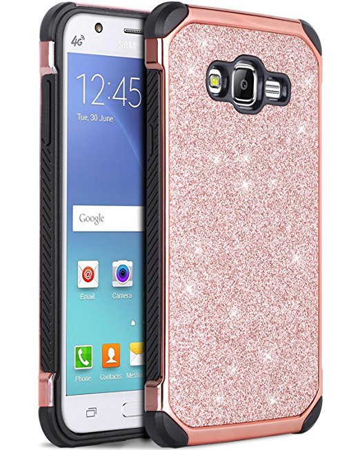 Galaxy J7 Case, BENTOBEN 2 in 1 Luxury Glitter Bling Hybrid Slim Hard Covers Sparkly Shiny Faux Leather Chrome Shockproof Protective Case for Samsung Galaxy J7 J700 (2015), Rose Gold