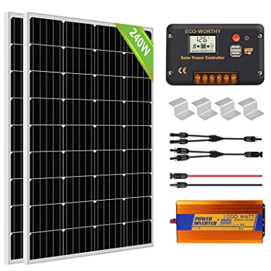 ECO-WORTHY 240 Watt (2pcs 120 Watt) Monocrystalline Solar Panel Off-Grid RV Boat Kit with Charge Controller   Solar Cable   Mounting Brackets 1000W Inverter