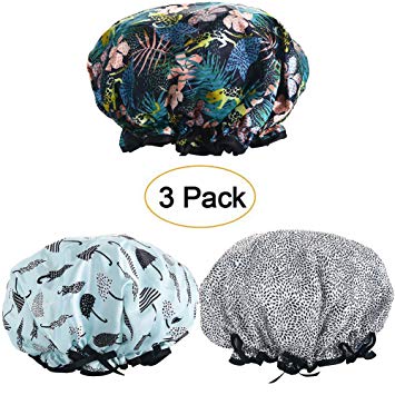 Shower Caps, 3 PACK Bath Cap for Women Waterproof & Adjustable Double Layered Shower Cap (Multi-colored8)