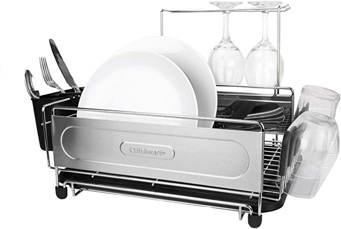 Cuisinart Stainless Steel Dish Drying Rack – Includes Wire Dish Drying Rack, Utensil Caddy, Draining Board, Stemware Holder, and Non-Slip Cup Holders, 14.4” x 12” x 6”- Stainless Steel/Black