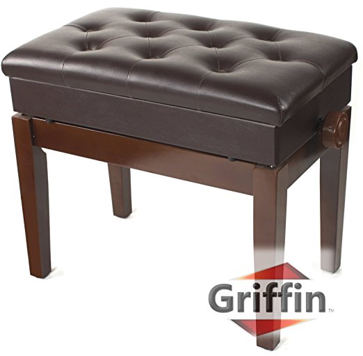 Adjustable Piano Brown Leather Bench by Griffin – Vintage Stylish Design, Heavy-Duty & Ergonomic Keyboard Stool, Comfortable Seat & Convenient Hidden Storage Space, Perfect For Home & Professional Use