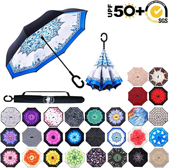 ABCCANOPY Inverted Umbrella,Double Layer Reverse Rain&Wind Teflon Repellent Umbrella for Car and Outdoor Use, Windproof UPF 50  Big Straight Umbrella with C-Shaped Handle,blue totem