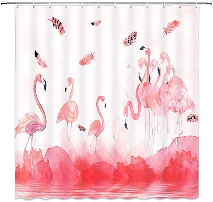 BST Pink Flamingo Shower Curtains Feather Watercolor Tropical Wildlife Hand Drawn Print Simple White Bathroom Curtain Decor Polyester Fabric Quick Drying 70x70 Inches Include Hooks