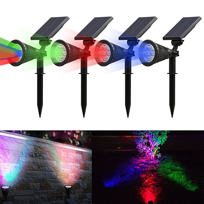 T-SUN 4 LED Solar Spotlights Color Changing Outdoor Ajustable Solar Landscape Light Auto ON/OFF LED Security Wall light for Garden, Patio, Driveway, Pool Area(4 PACK)