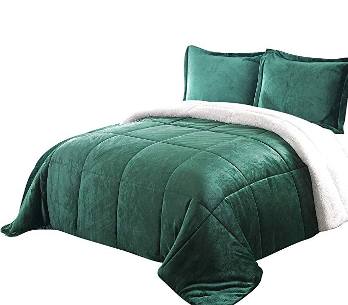 Chezmoi Collection FS200 3-Piece Micromink Sherpa Reversible Down Alternative Comforter Set (Queen, Green)