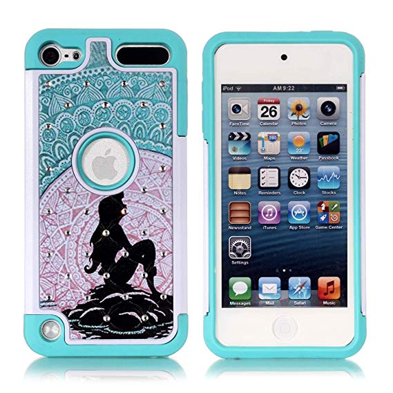 Apple iPod Touch 6th Case, iPod 5th Generation Case, Mermaid with Moon Pattern Shockproof Studded Rhinestone Crystal Bling Hybrid Case Silicone Protective Armor for Apple iPod Touch 5 6th Generation
