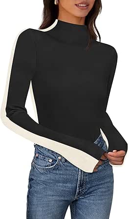 MEROKEETY Women's 2024 Long Sleeve Mock Neck Sweater Top Ribbed Knit Color Block Y2K Slim Fitted Basic Casual Tee Shirts