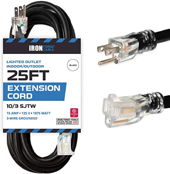 25 Foot Outdoor Extension Cord - 10/3 SJTW Black 10 Gauge Extension Cable with 3 Prong Grounded Plug for Safety - Great for Garden and Major Appliances